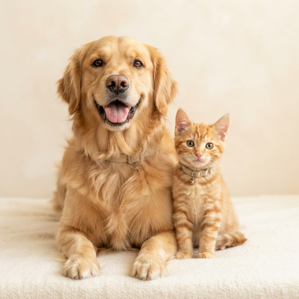 Yan yana oturan mutlu bir golden retriever ve turuncu kedi yavrusu