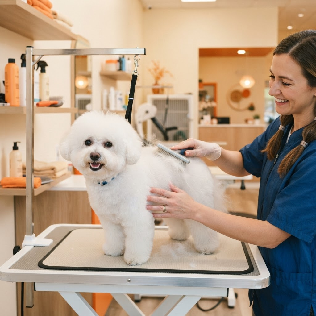 Kuaförde taranan küçük beyaz köpek