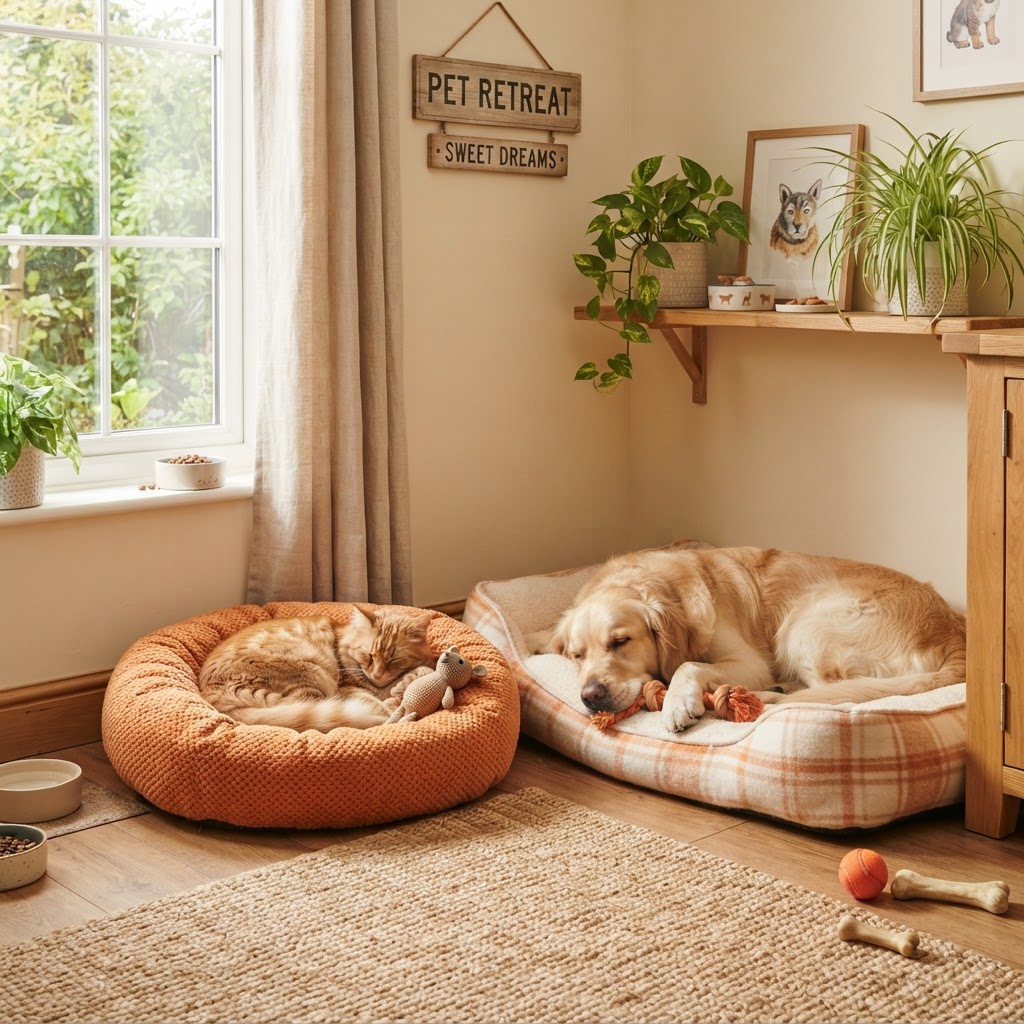 Rahat yataklarda dinlenen kedi ve köpek ile pet oteli odası