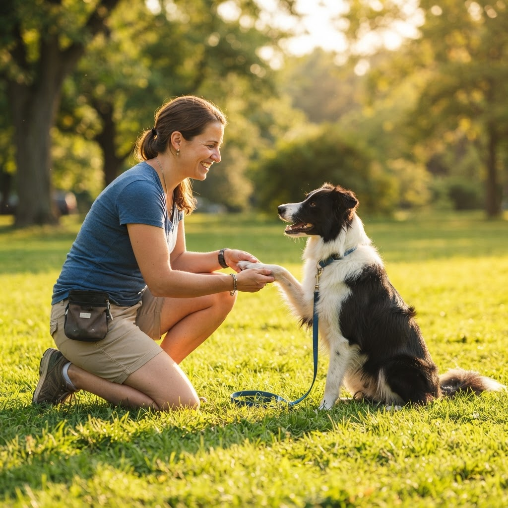 Çimlerde köpeğine eğitim veren eğitmen
